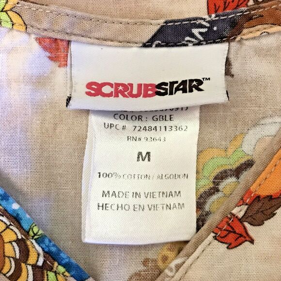 Scrub Star Thanksgiving Top Women's M Tan Cotton V-Neck SS 2 Pocket Fitted Scrub - Picture 9 of 11